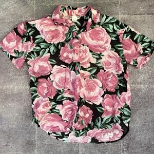 Women's Vintage 80's Cabrais Pink Black Floral Button Up Blouse Polo Shirt Sz XL
